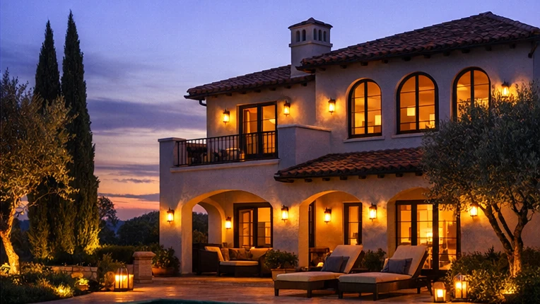 Real-estate villa exterior after dusk enhancement