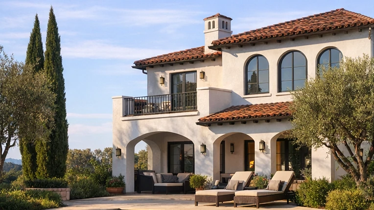 Real-estate villa exterior before day to dusk enhancement